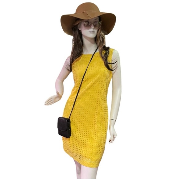 ALFRED SUNG Vintage Quite Luxury Yellow Eyelet Embroidered Sleeveless Dress 8 - Picture 3 of 7